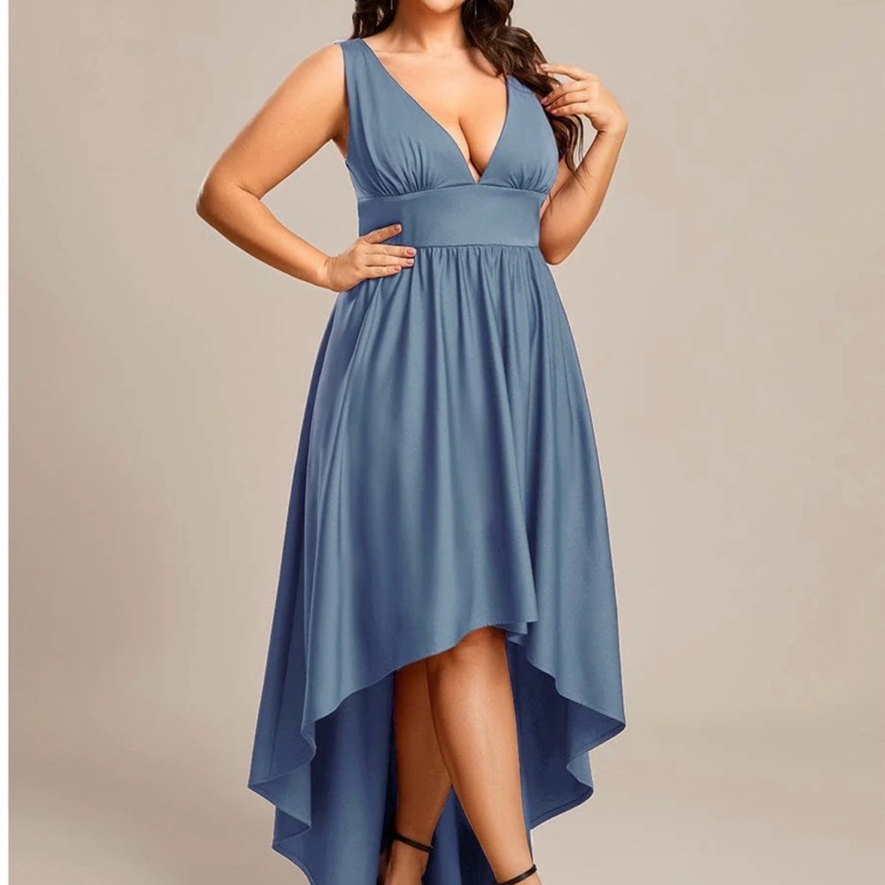 Elegant Dusty Blue High-Low Empire Waist Sleeveless Dress